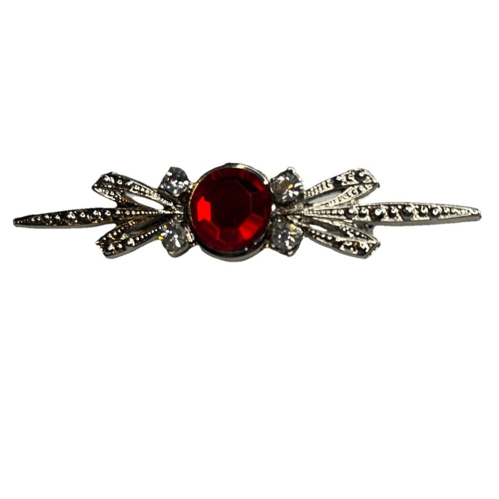 Jewelry Bar Brooch Red Center Stone Clear Rhinestones Bow Tie Silver Tone 3 Inch